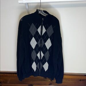 Perry Ellis Black and Gray Argyle Zip-Up Sweater- 4X